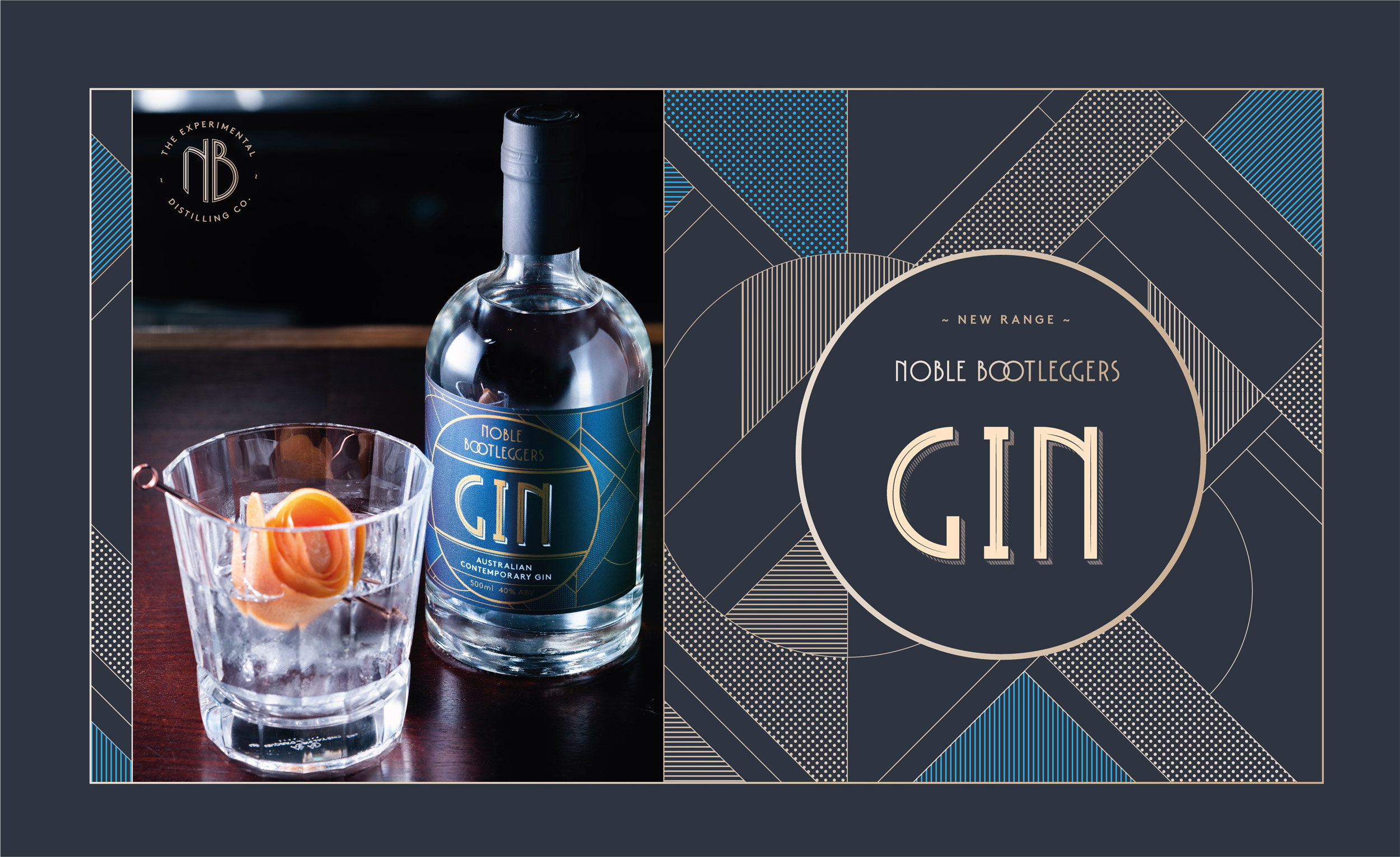 Noble Bootleggers Contemporary Gin Packaging branded panel with illustration