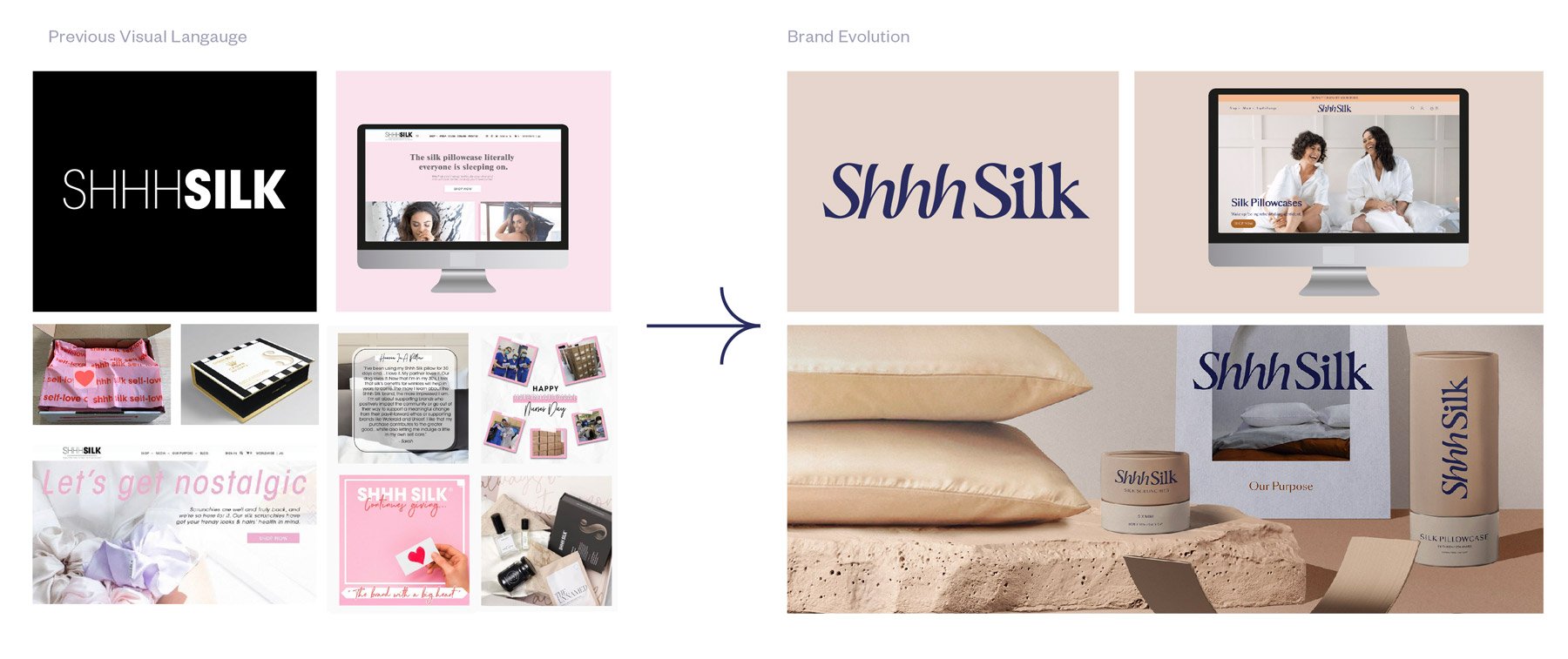 Shhh Silk visual language showing the old and comparing the new brand design