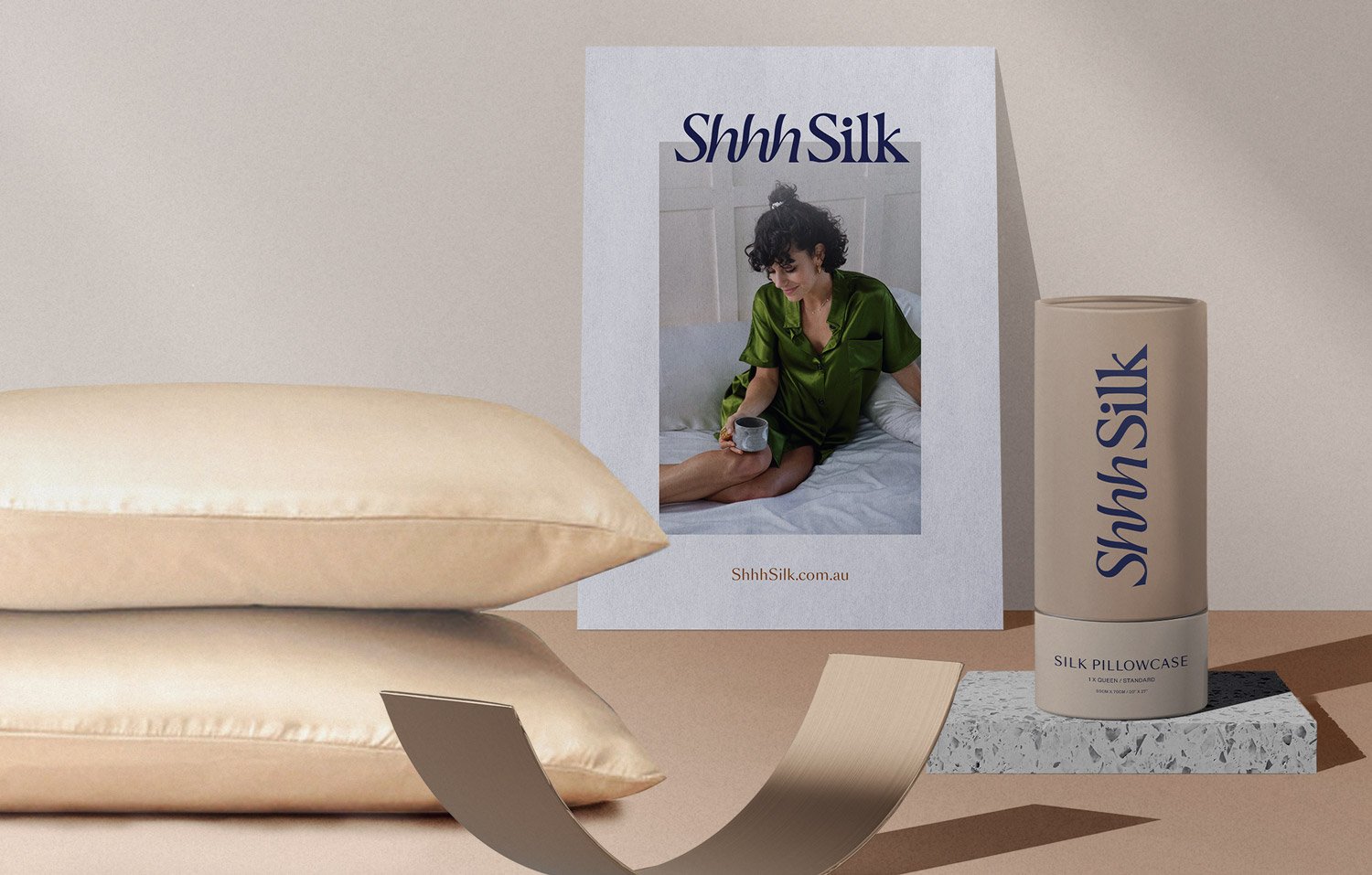 Shhh Silk Packaging design shown in still life setting, looking elegant