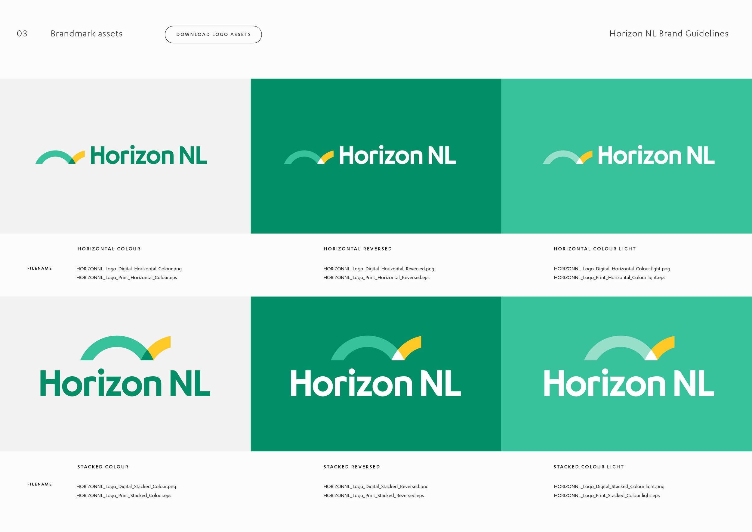 Horizon NL brand guidelines brandmark and colours page