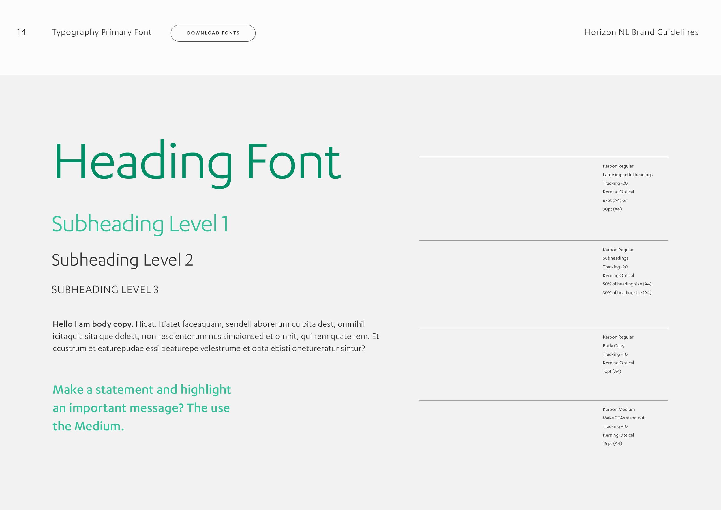 Horizon NL brand guidelines typography page