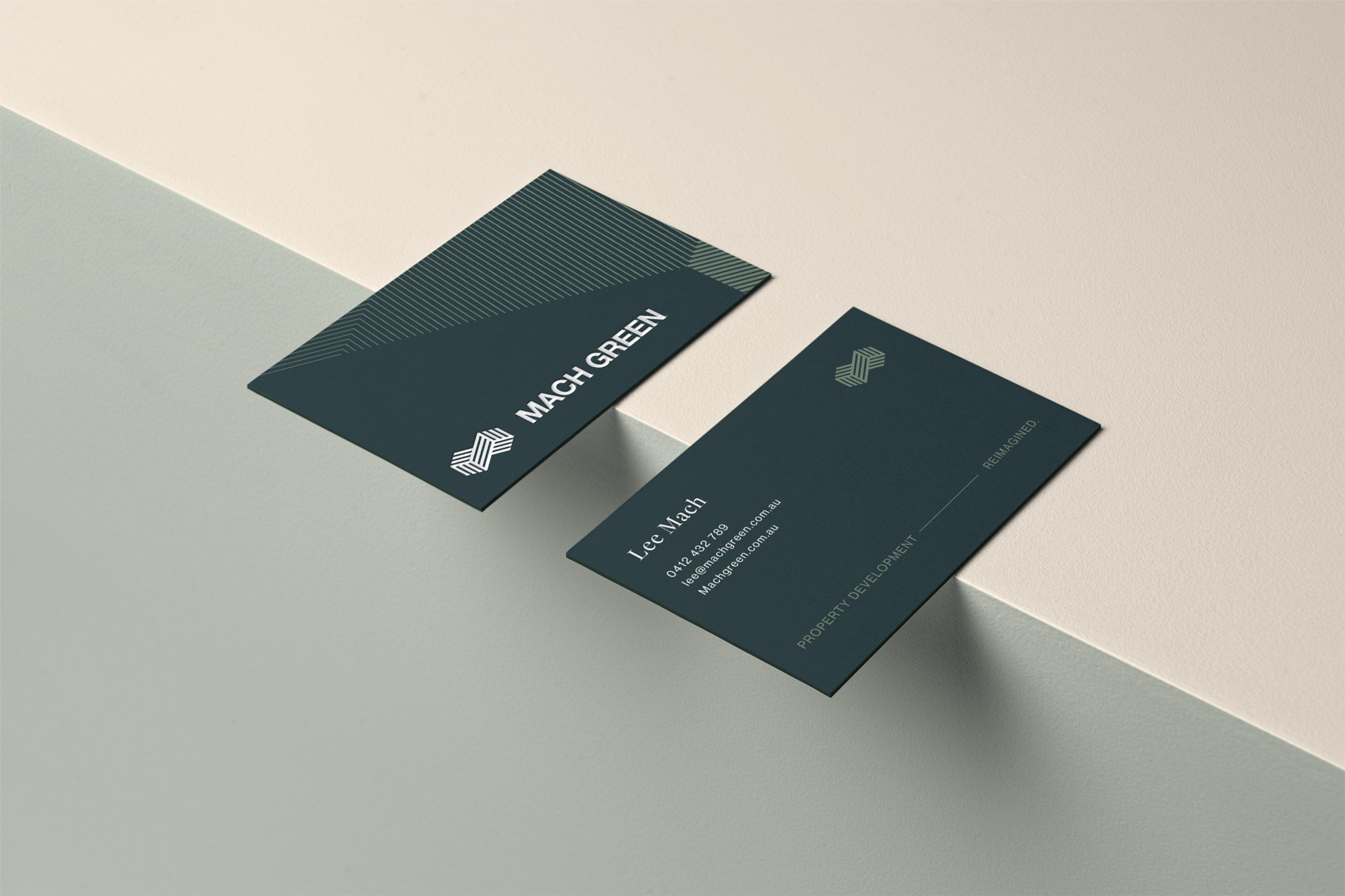 Mach Green Property Developer branding applied to business cards