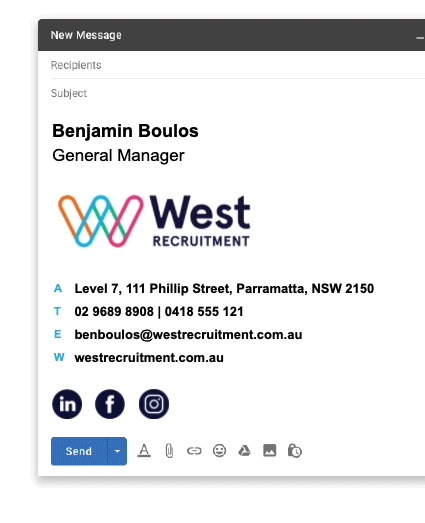Screenshot of an email signature with the name Benjamin Boulos, General Manager at West Recruitment, contact information, and social media icons for LinkedIn, Facebook, and Instagram.