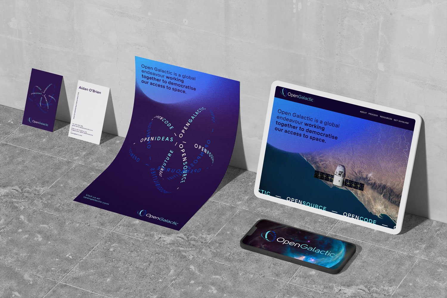 Branded elements overview, with ipad and poster for Open Galactic