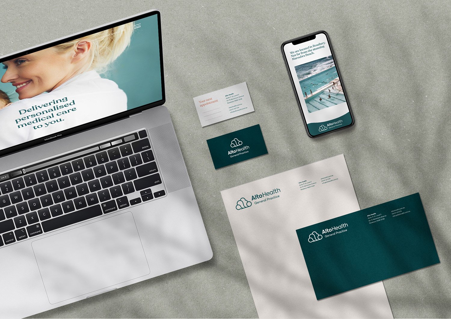 Freelance website design project for Alto Health, featuring homepage, mobile site and branded letter head