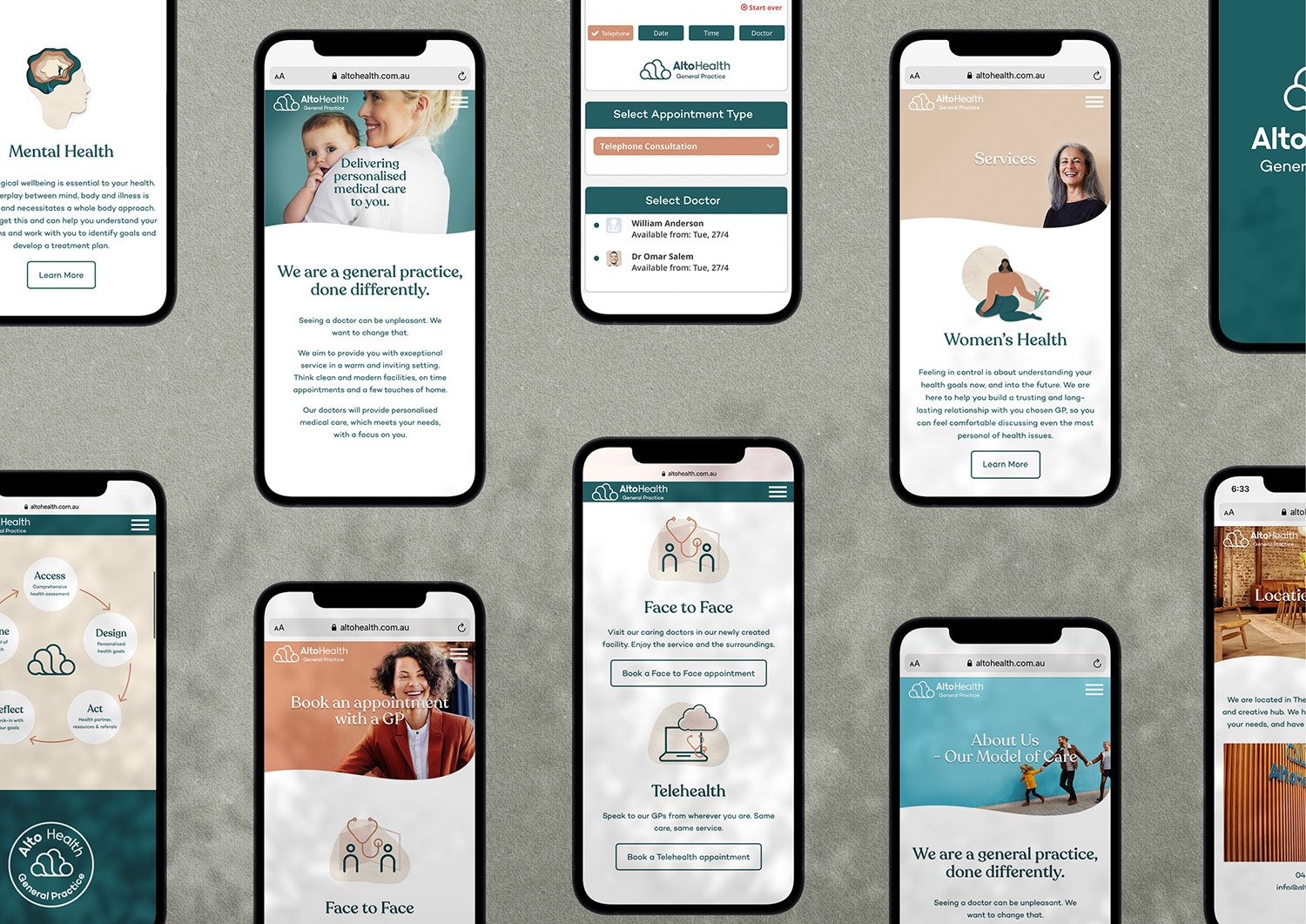 Mobile website design for Alto Health highlighting the responsive design across multiple screens and the attention to detail 