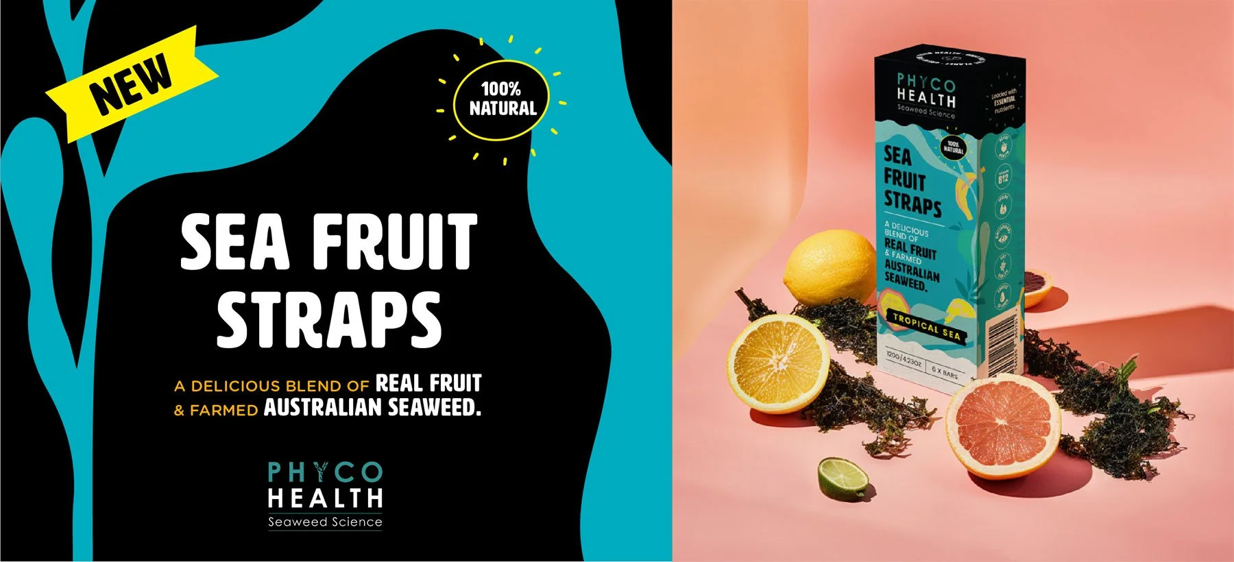 Branded visuals for childrens snack Phyco Health's sea straps. Illustration and typography with playful messaging shown alongside vibrant colourful packaging design.