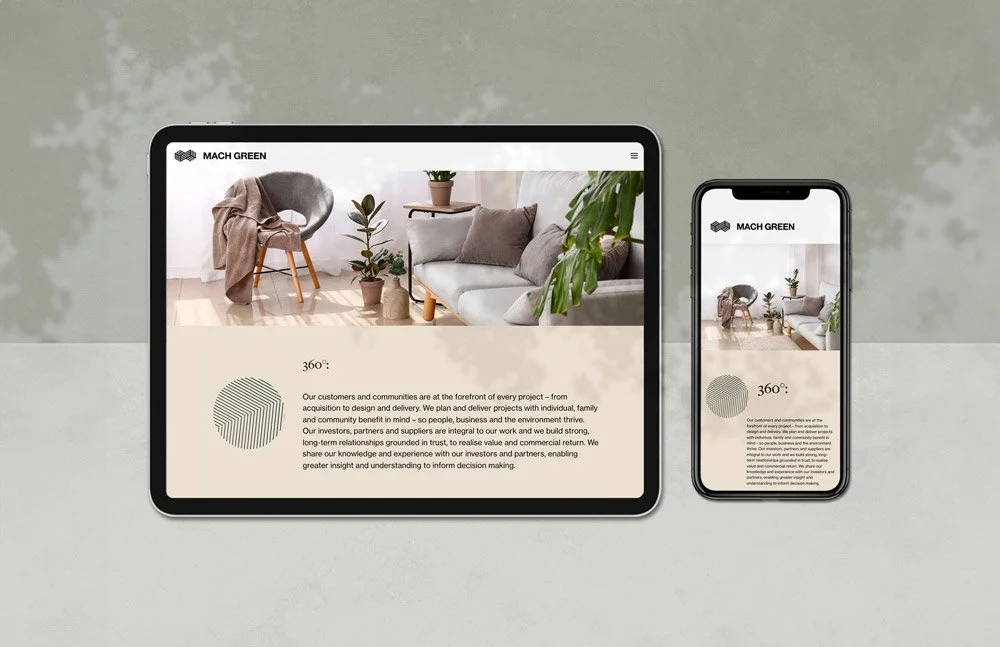 Tablet and smartphone displaying a website homepage for MACH GREEN, featuring a modern living room scene with plants and furniture.