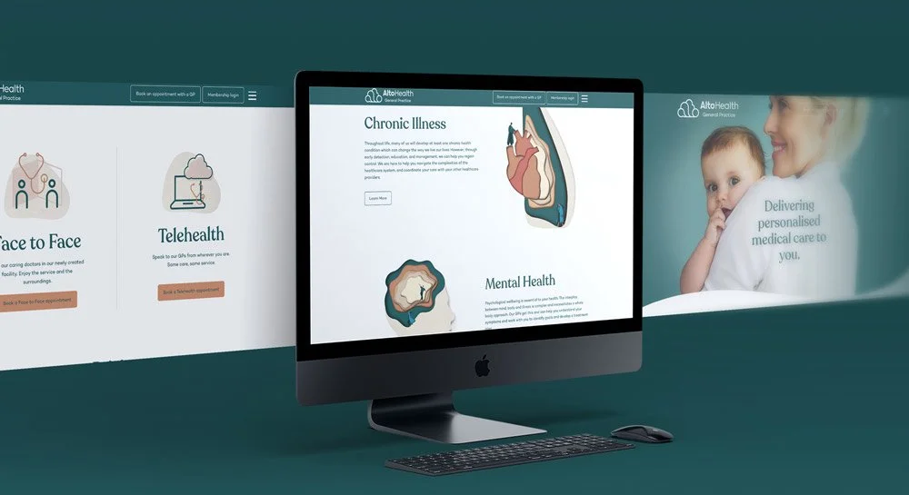 Computer displaying a medical website with sections on chronic illness and mental health, surrounded by screens promoting telehealth and personalized care services.