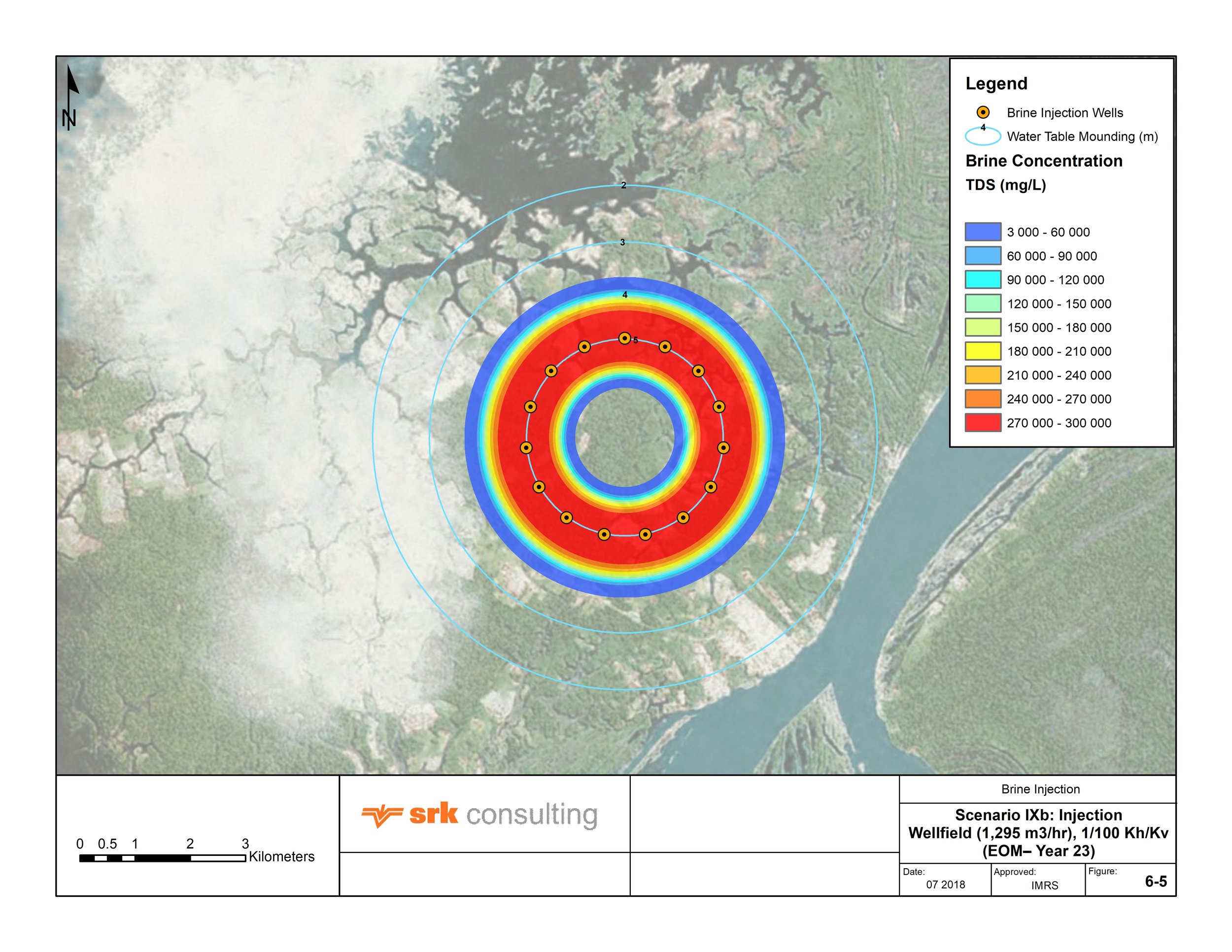 Model results showing estimated brine TDS concentrations at 400 meters below ground level, as well as alterations in the level of the local groundwater table, under the assumptions of brine injection at 16 Wells at a rate of 1 295 m3/hr and concentration of 300 000 mg/L, at the end of ‘Life of Mine’ (23 years).