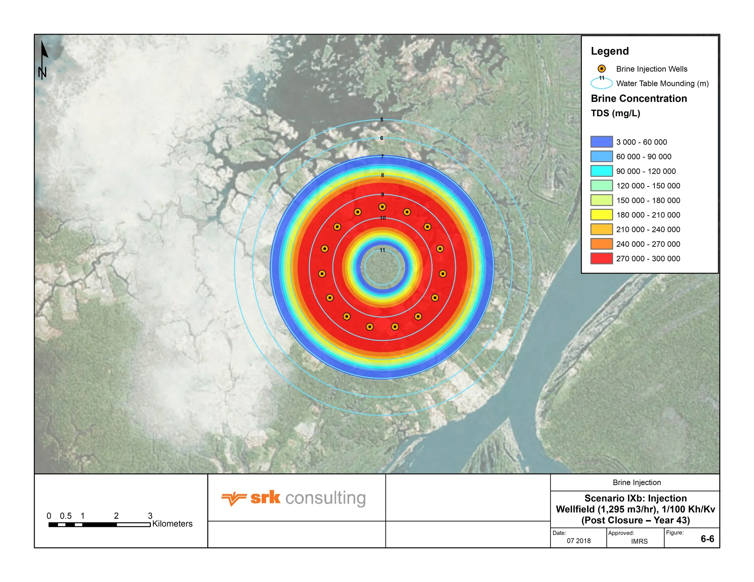 Model results showing estimated brine TDS concentrations at 400 meters below ground level, as well as alterations in the level of the local groundwater table, under the assumptions of brine injection at 16 Wells at a rate of 1 295 m3/hr and concentration of 300 000 mg/L, including decreasing injection rates for 20 years post mine closure (totalling 43 year).