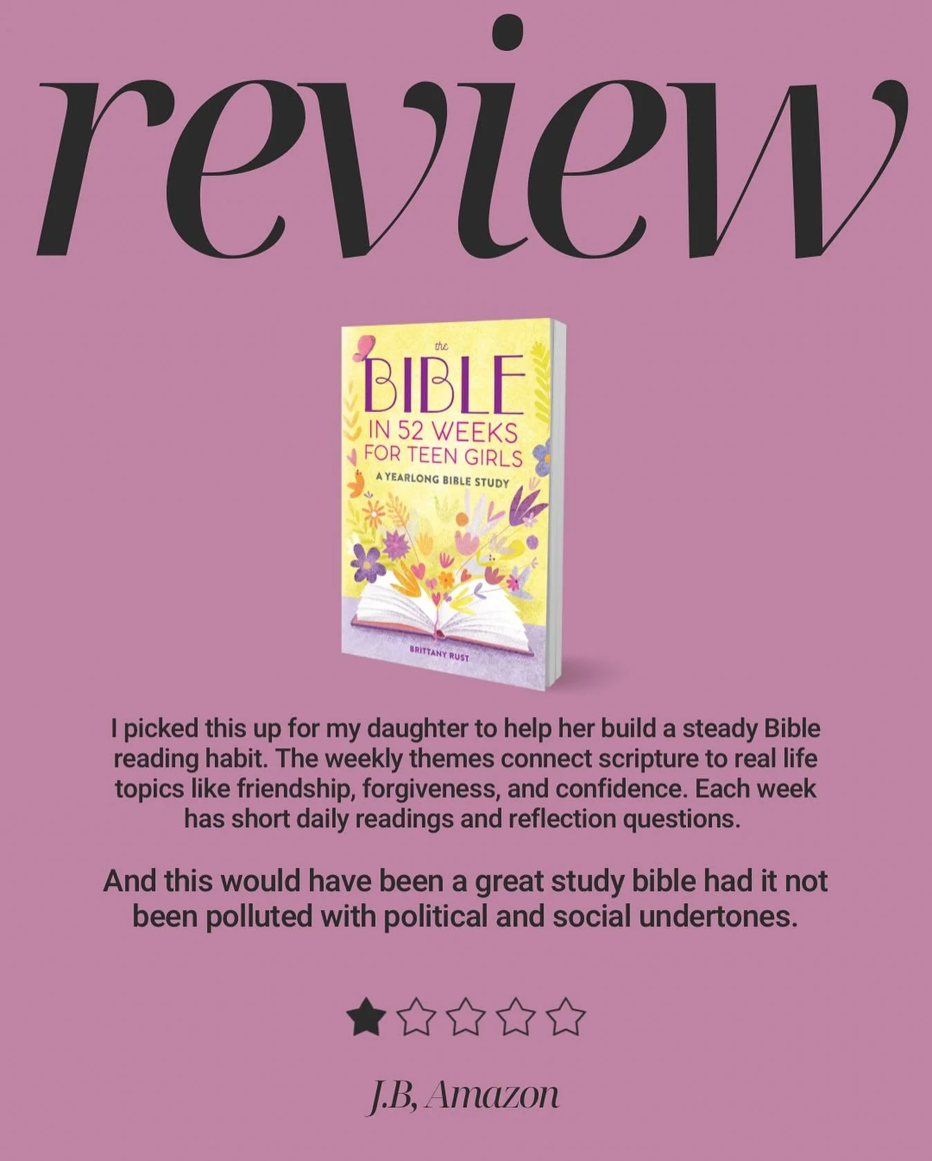 One-Star for Standing on the Word? I&rsquo;ll Take It.

I came across a one-star review for The Bible in 52 Weeks for Teen Girls that said it had &ldquo;political and social undertones.&rdquo;

The Bible is a guidebook for how to live&mdash;how to lo