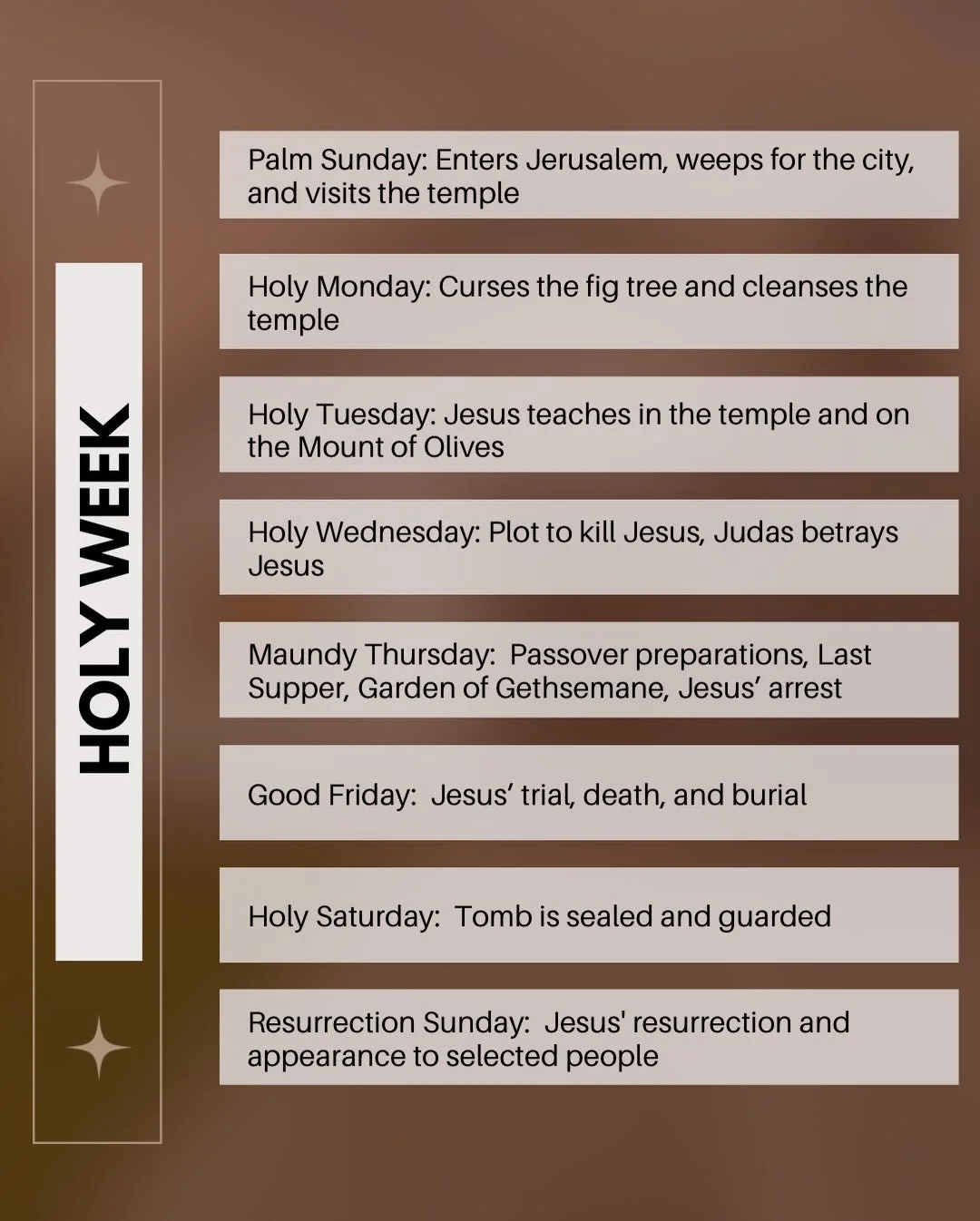 Today is the beginning of Holy Week&mdash;those last days of Jesus on earth and the Resurrection. It&rsquo;s a week we take to intentionally reflect on all Christ did for us those final moments. 

Save this post and reference the second slide for the