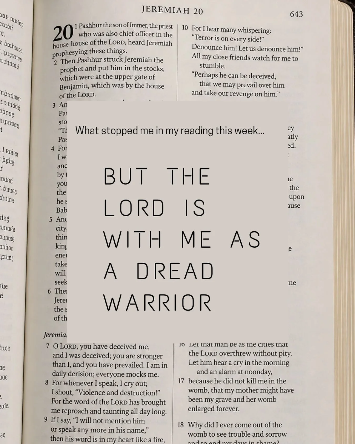 Jeremiah 20 has really sat with me all week. The prophet, for doing exactly what God told him to do, is beaten and thrown into the stocks overnight by a so-called spiritual leader. 

Once out, he teeters between praise and defeat. To go on feels hard