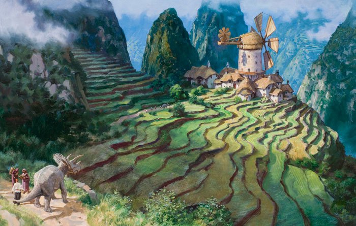 Although I’m not sure we can deliver on the dinosaurs, our planning team was quite taken with the idea of terraced bonsai growing fields, with a big fan to keep bugs and frost away. Very nice.