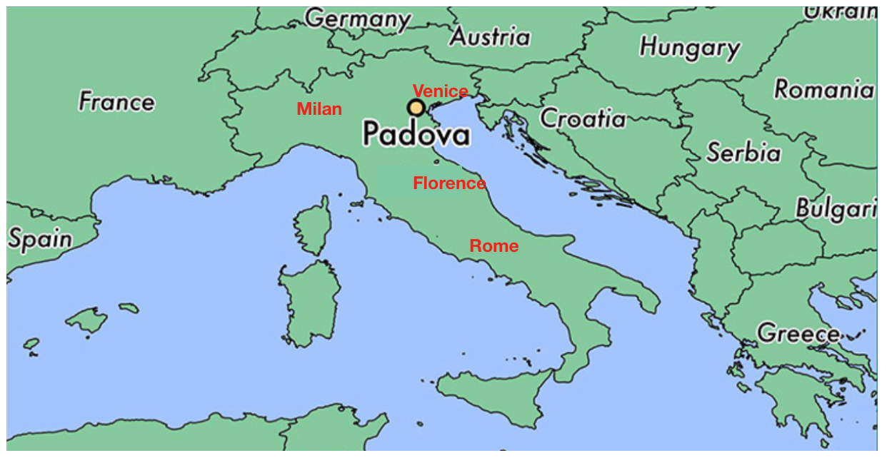 The nearest airport is the “ Marco Polo Airport ” in Venice (VCE) , 20 kilometers (12 miles) east of Padua, conveniently linked with all major European airports. *** Avoid flying into Milan (MXP) unless you have a connecting flight to Venice.. From Milan, you have a bus ride of about 1 hour after the customs in order to reach the railway station; and then a 2 or 3 hours ride by train to Padua.