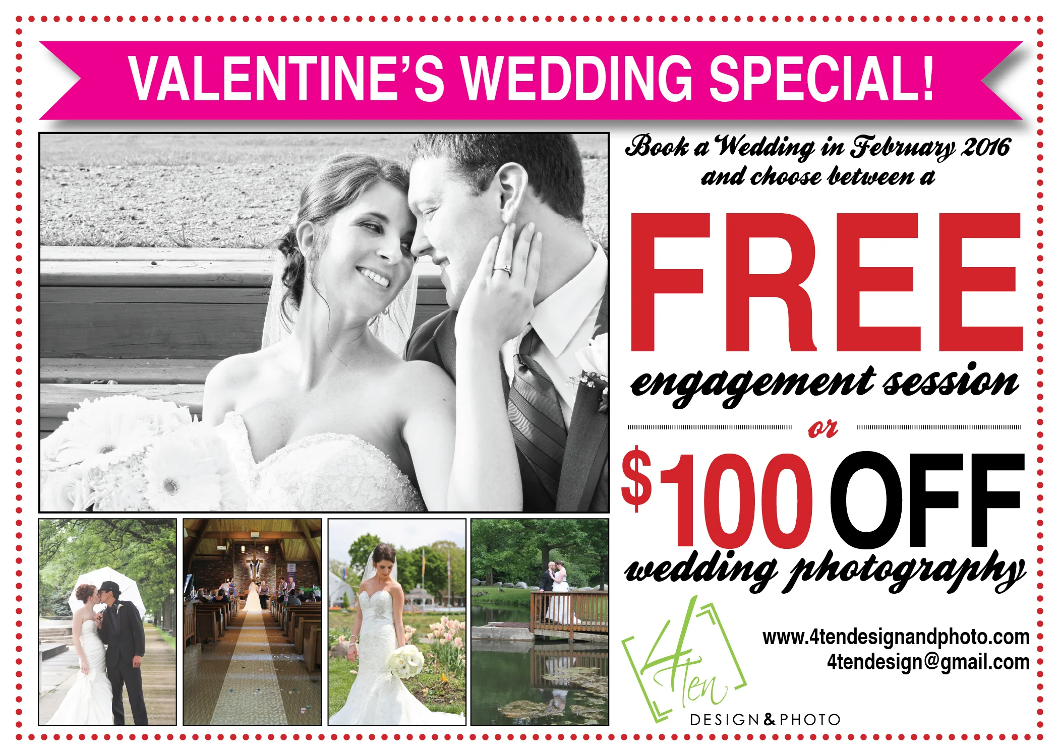 That's right, FREE Engagement session or $100 OFF weddings when you book by the end of February! Contact me for more details.