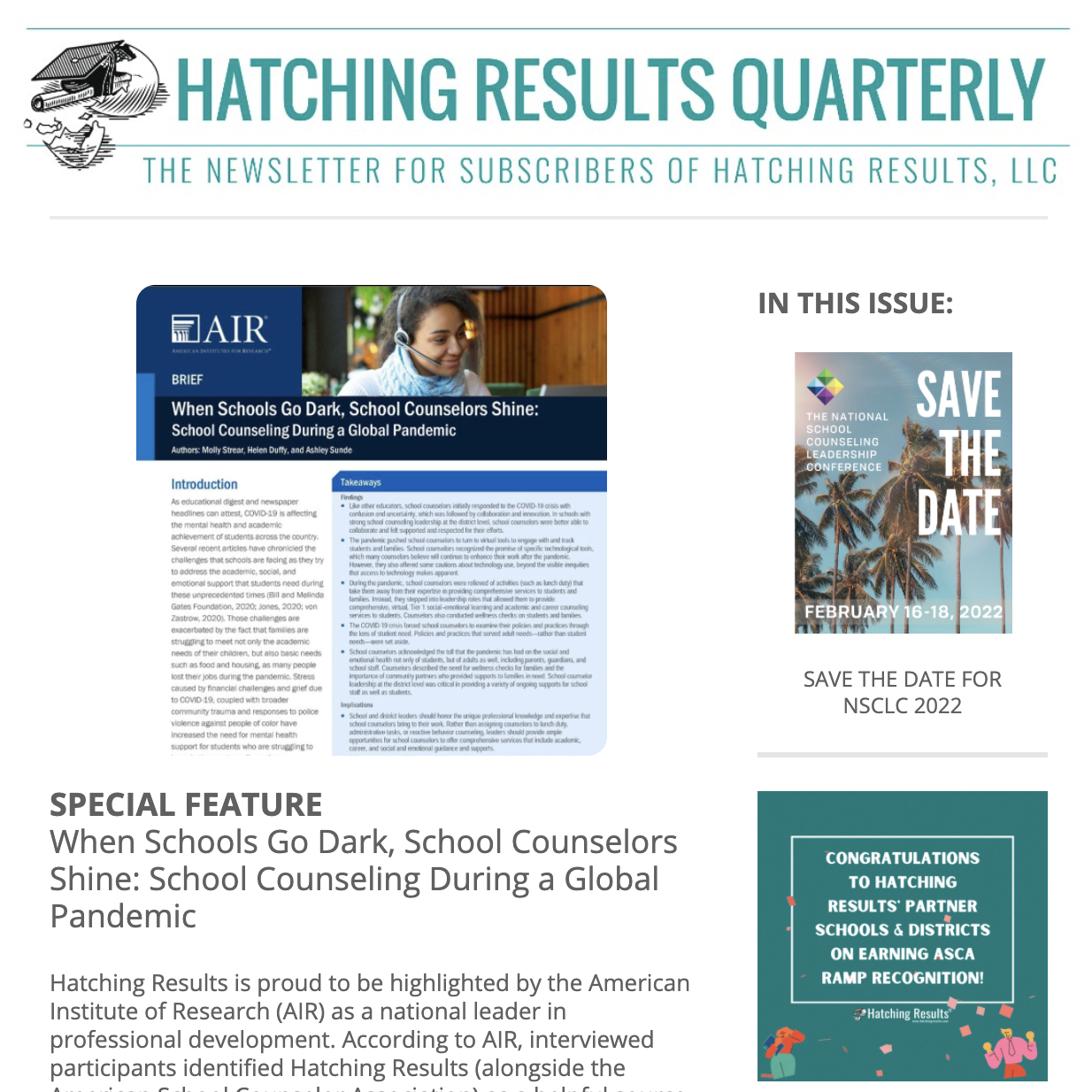 Newsletters — Hatching Results - School Counselor Training