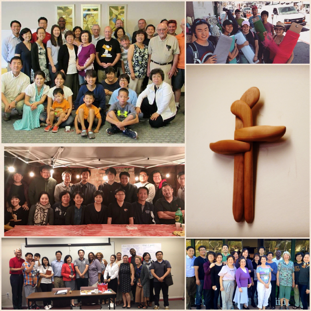 Top left: Interracial family retreat in Tuscon, AZ; Top right: Youth peace camp; Middle left: Peace spirituality seminar; Middle right: Reconciliation cross designed by Sunghwan Kim; Bottom left: Trauma and resilience seminar at Disciples Seminary Foundation; Bottom right: STAR training at Mt. View Mennonite Church