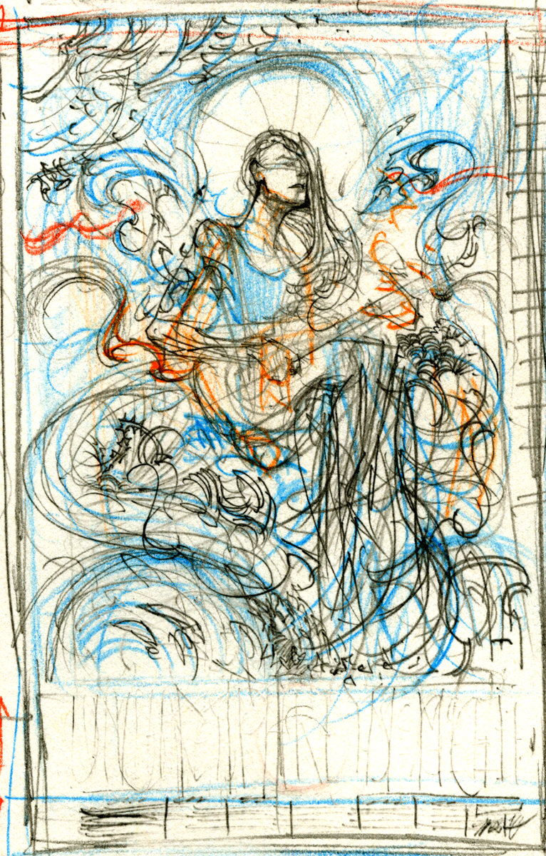The piece became my riff on the trope of the female-centric decorative poster (inspired a bit by the early work of Alphonse Mucha and the predominant style of Chuck Sperry ). The girl is positioned centrally as she strums on a Babicz Spider guitar (the same model Umphrey's Mr. Bayliss' uses) while wearing a dress and adorned in kinetic tattoos.