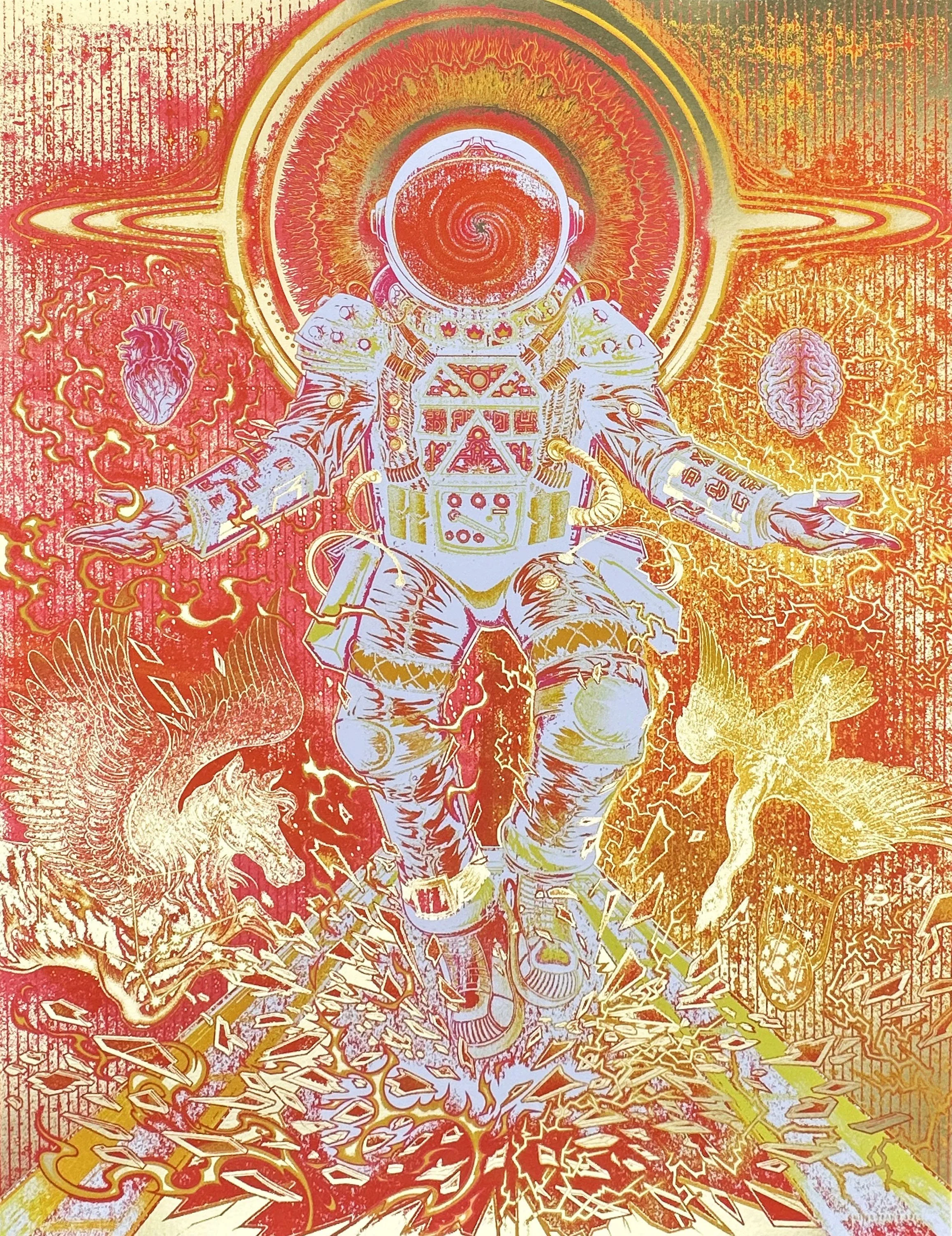 Cygnus-red orange on gold foil.jpg