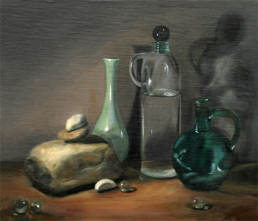 "Three Bottles and a Rock", Still Life, Oil on Panel, Linda Styles-Adams