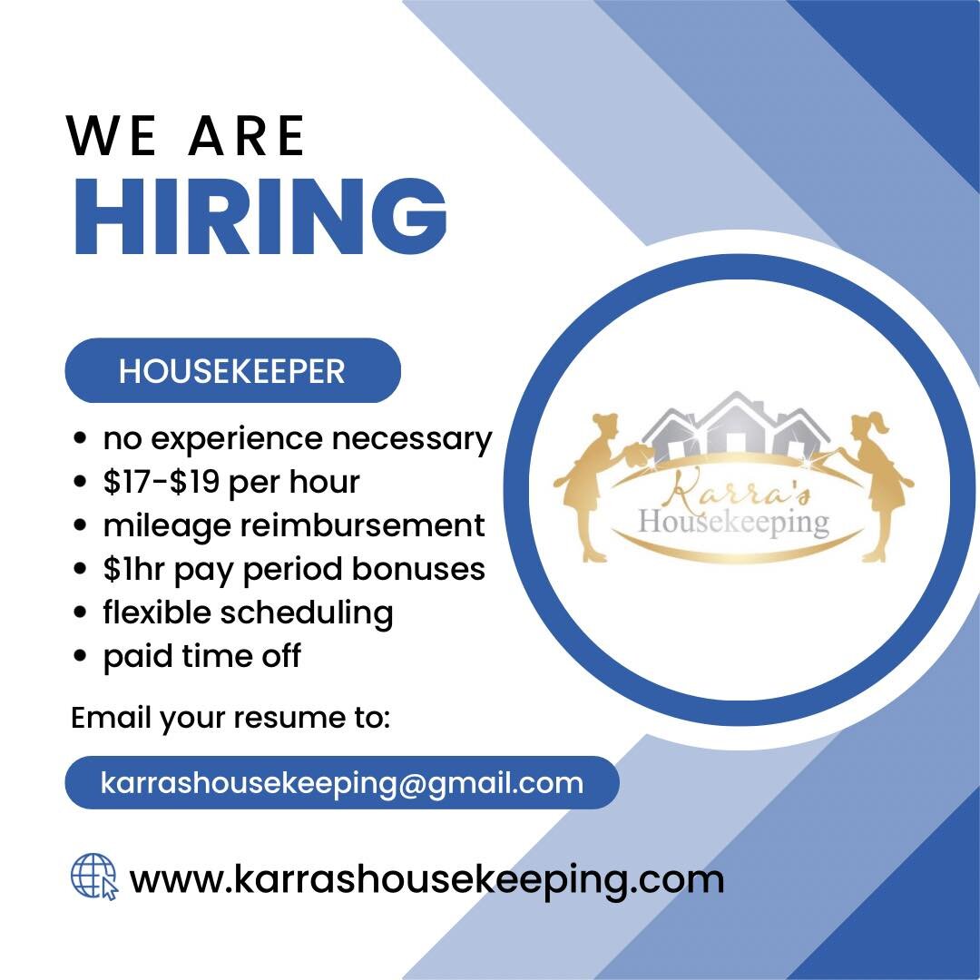 We are hiring for full time, part time, and seasonal positions!
✨Apply today! Email your resume to karrashousekeeping@gmail.com
✨No experience necessary