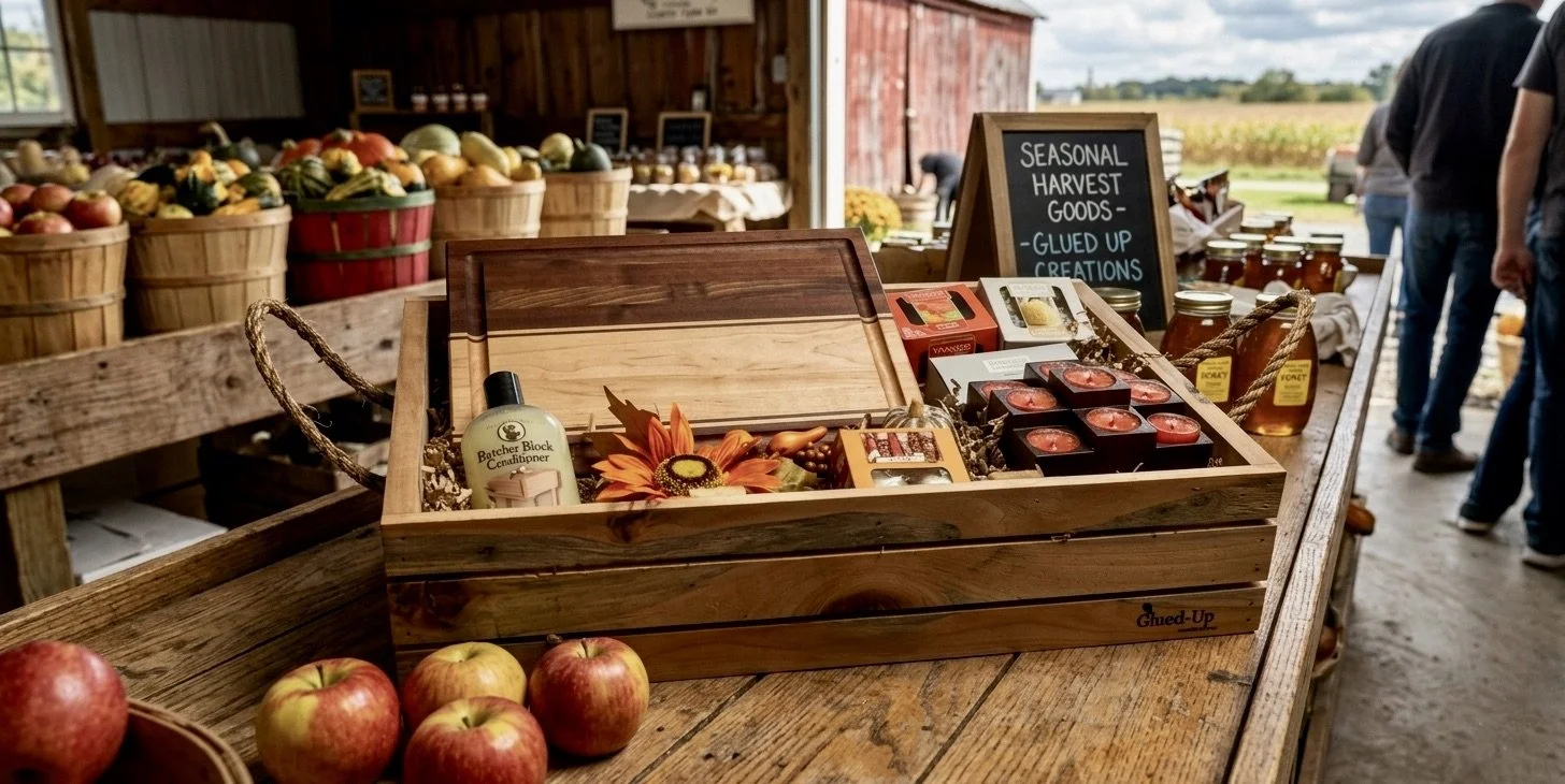 A display of seasonal harvest goods including jars of honey, apples, jars of jam, and packaged products on a wooden table at an outdoor market with a black sign that reads 'Seasonal Harvest Goods - Glued Up Creations'.