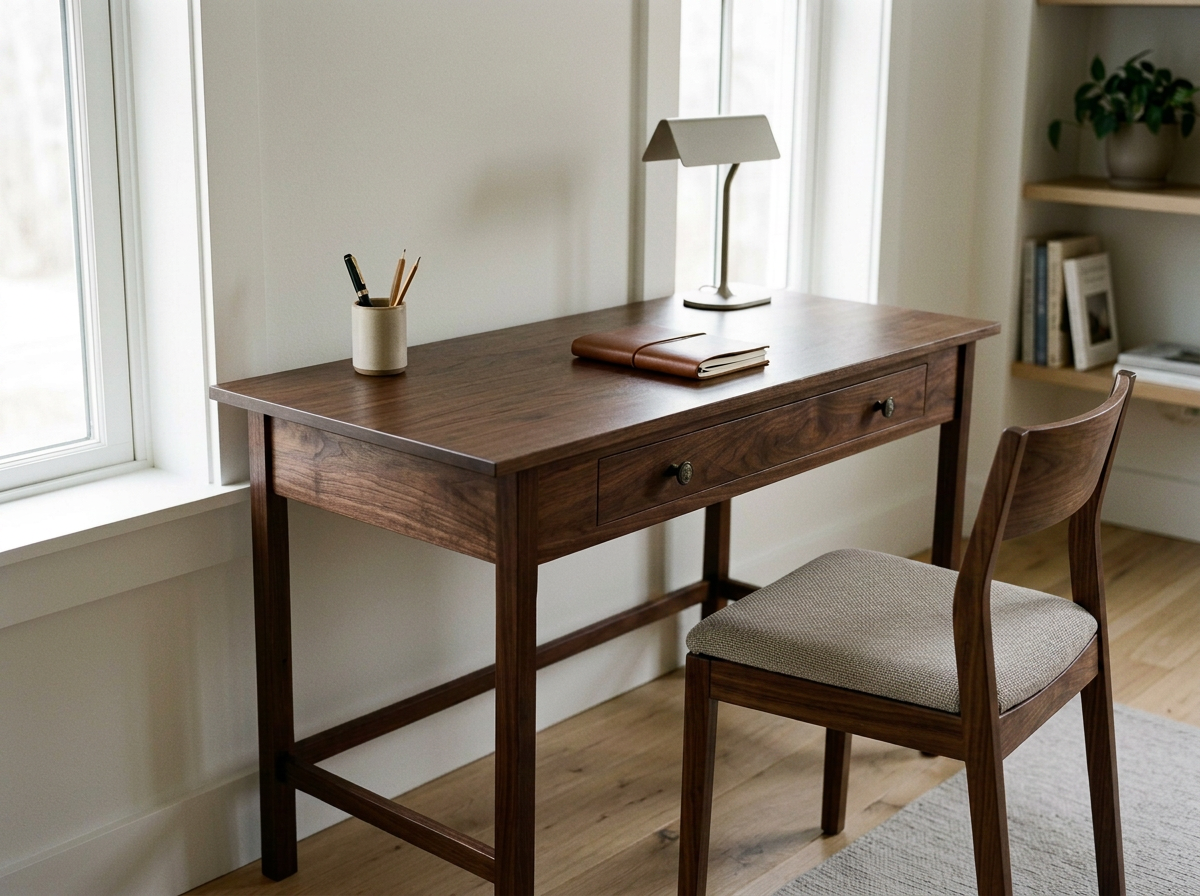 Wooden desk with a closed notebook, a desk lamp, a container with pens and pencils, and a chair in front, near a window and bookshelf.