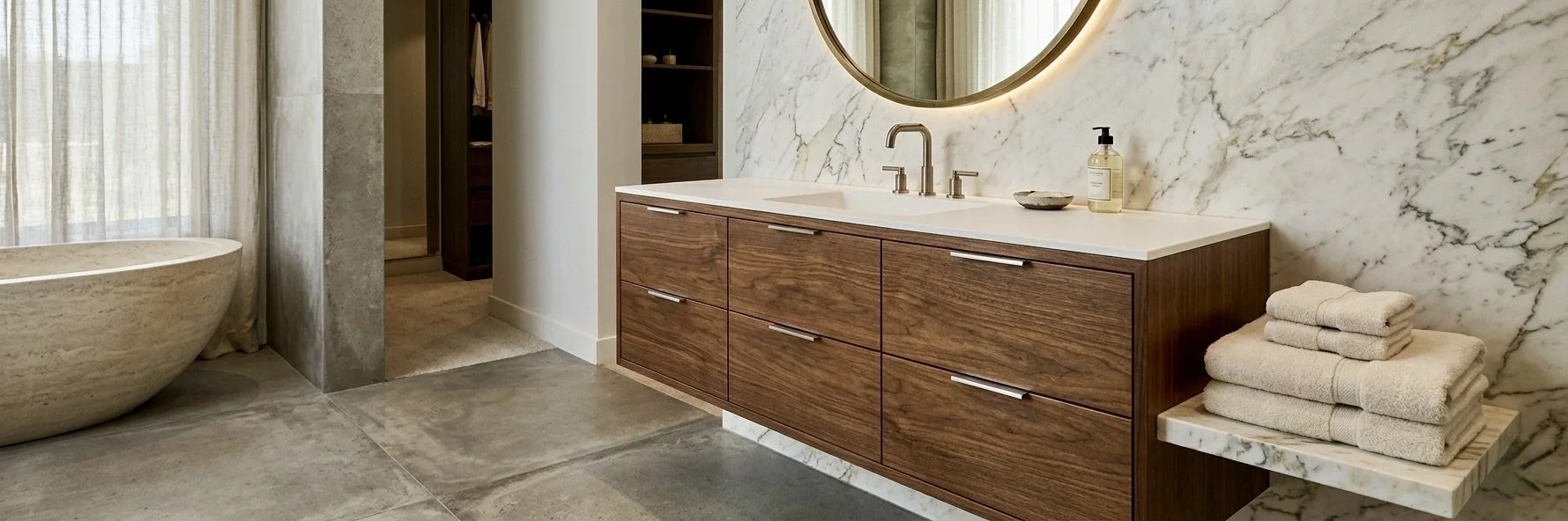 Modern bathroom with a wooden vanity, round mirror with backlit lighting, marble wall and countertop, folded beige towels on a marble shelf, soap dispenser, and a bathtub with curtains.