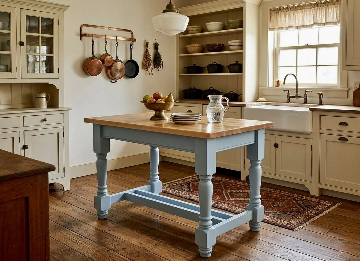 The kitchen features white cabinets and open shelving, with a central wooden-topped table painted light blue. Hanging copper pots are on the wall, and a window provides natural light. The floor is wooden, and a patterned rug is beneath the table.