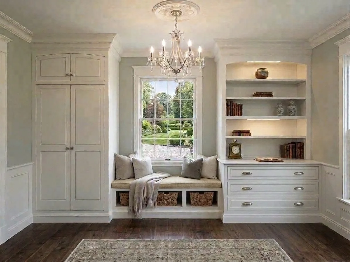 A cozy reading nook with a window seat, surrounded by built-in white bookshelves and cabinets, a chandelier overhead, hardwood floors, and a patterned rug.