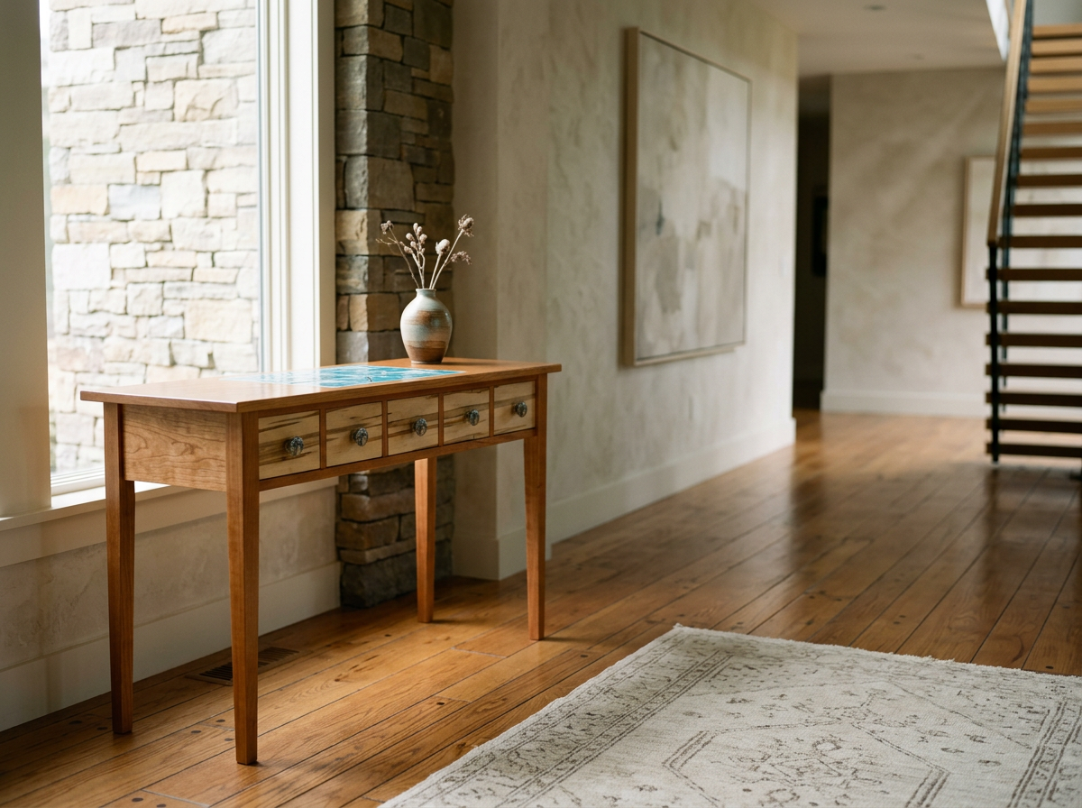 A wooden console table with six small drawers and a ceramic vase with dried flowers, inside a well-lit room with hardwood floors, a large window, a beige wall with artwork, and a staircase.