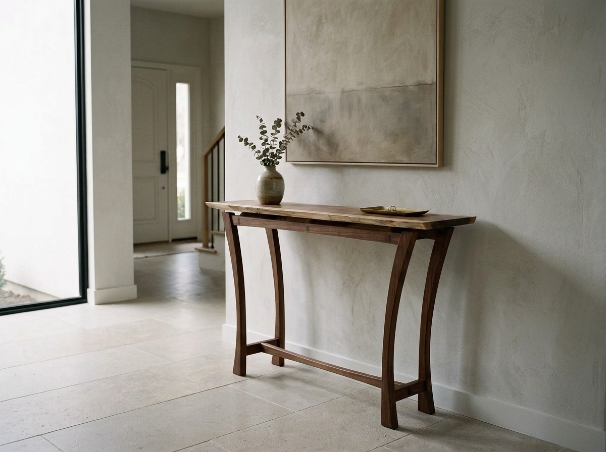 A wooden console table with a vase containing eucalyptus branches and a decorative tray is placed against a textured beige wall, with a large abstract painting hanging above it.