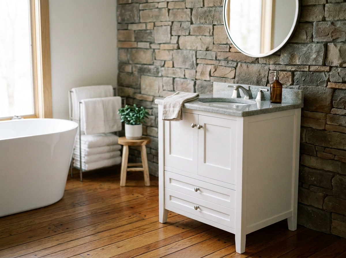 Bathroom with a freestanding bathtub, a white towel on a wooden stool, a potted plant, and a white bathroom vanity with a gray countertop, a mirror above, and a soap dispenser. The room has wooden flooring and a stone wall.
