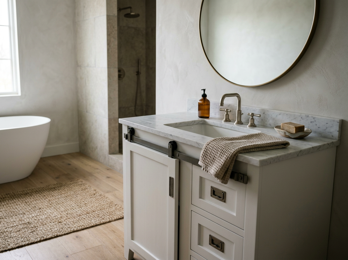 A bathroom with a white vanity, marble countertop, and a round mirror. There is a soap dispenser and soap dish on the counter, with a towel draped over the front of the vanity. A walk-in shower is visible in the background, and a free-standing bathtu