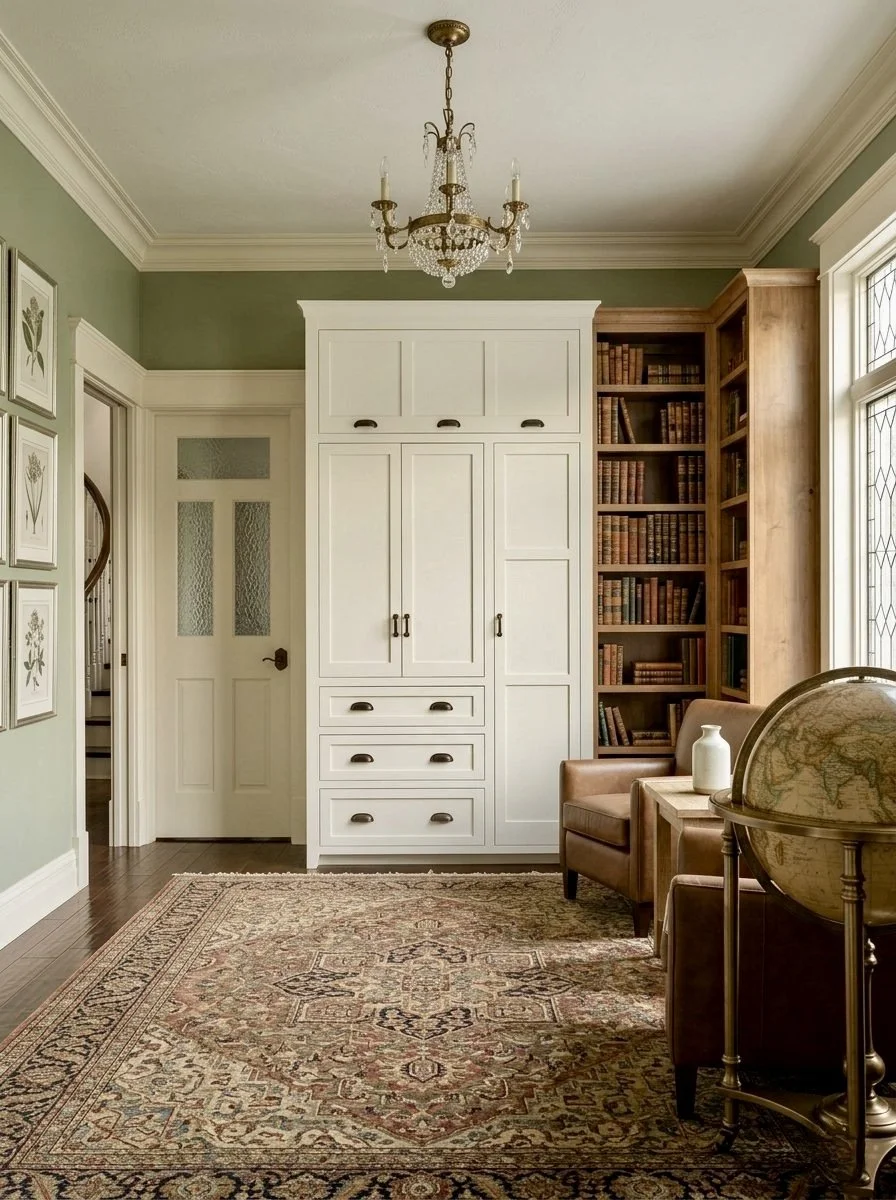 A traditional library or study room with a white built-in cabinet, a wooden bookshelf filled with old books, a globe on a stand, an upholstered armchair, a vase, and a chandelier hanging from the ceiling.