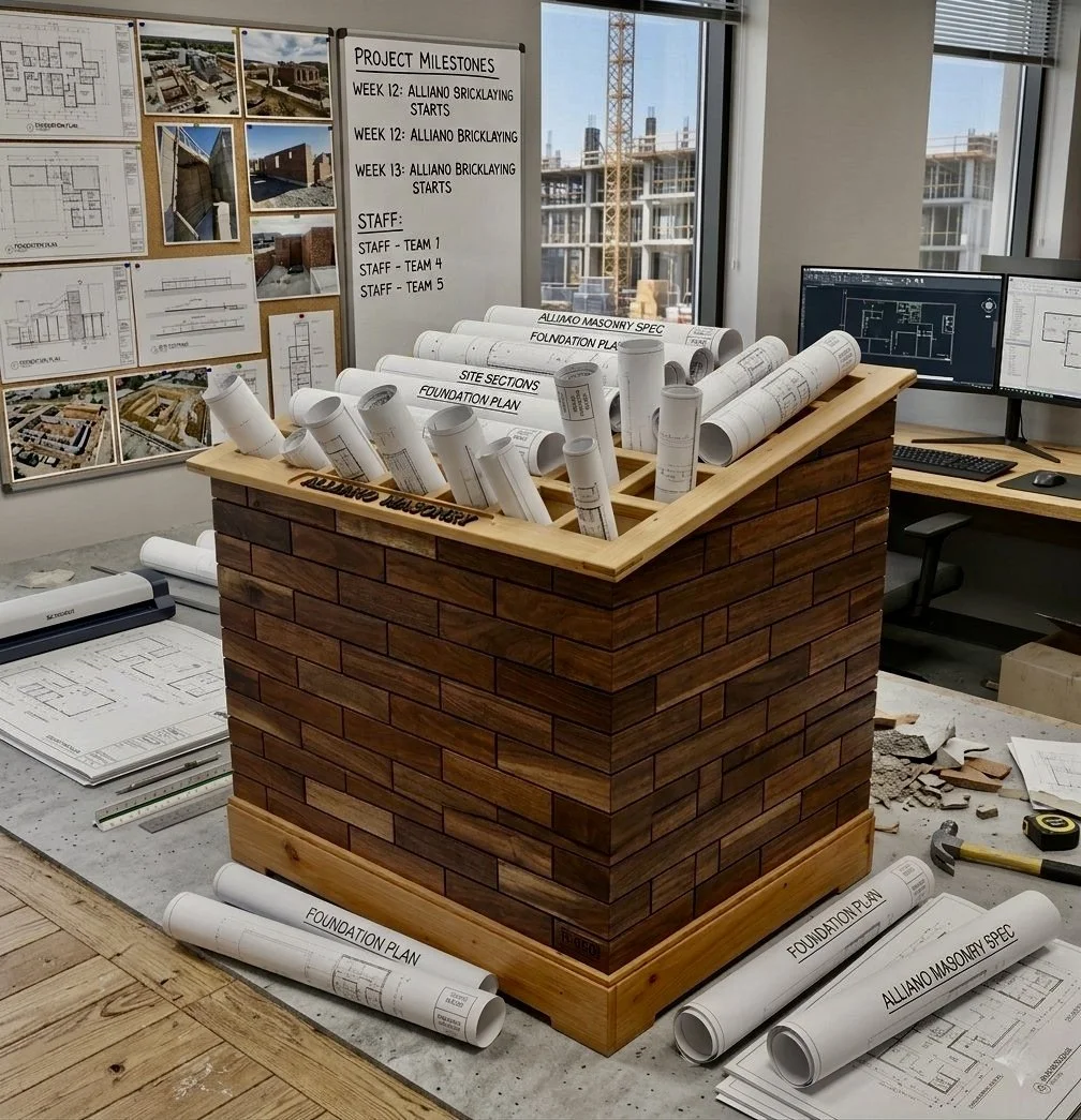 Architectural blueprints and rolled-up construction plans placed in a wooden storage box on a worktable at a construction site, with building design images on the wall and windows showing a cityscape with construction cranes outside.