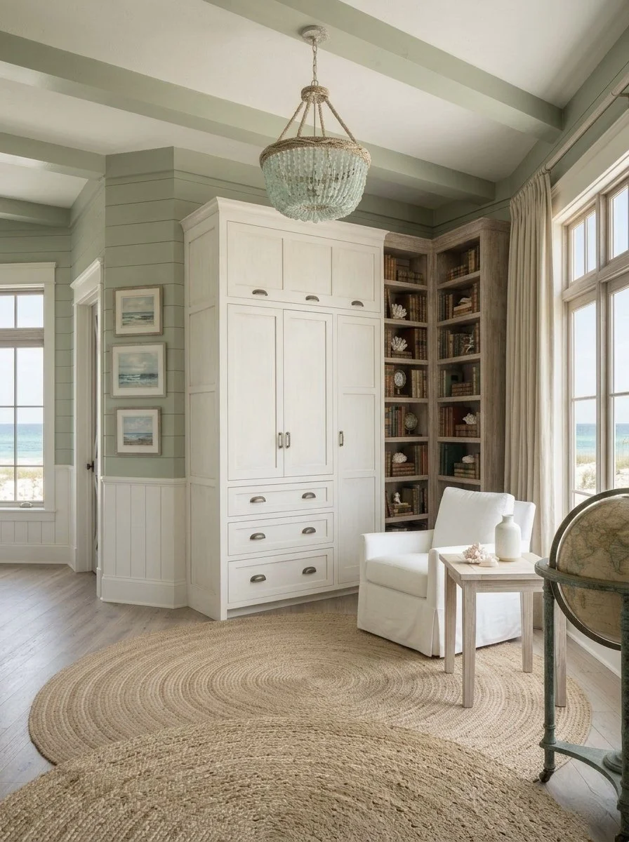 Coastal-themed interior with white built-in storage, a white armchair, a side table with decor, large windows with curtains, and a seashell on the table.