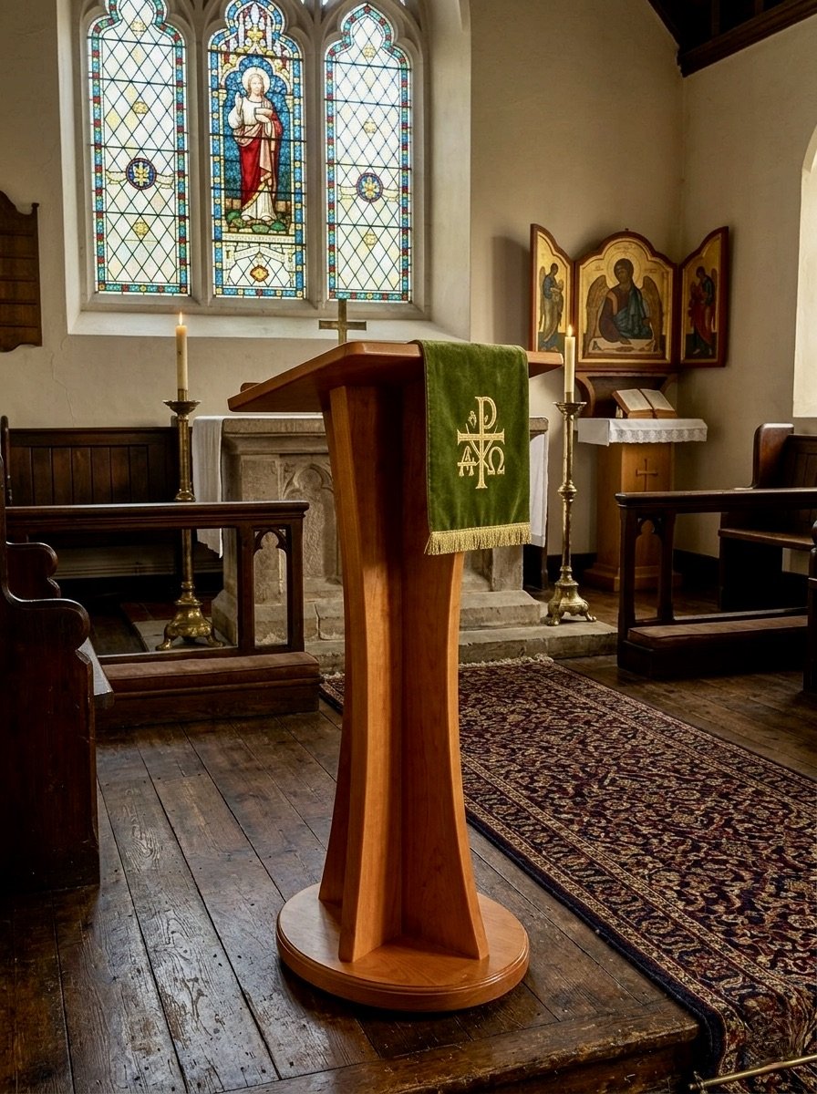 Interior of a church sanctuary with a wooden lectern draped with a green cloth featuring Christian symbols, flanked by candles, with stained glass windows and religious icons in the background.