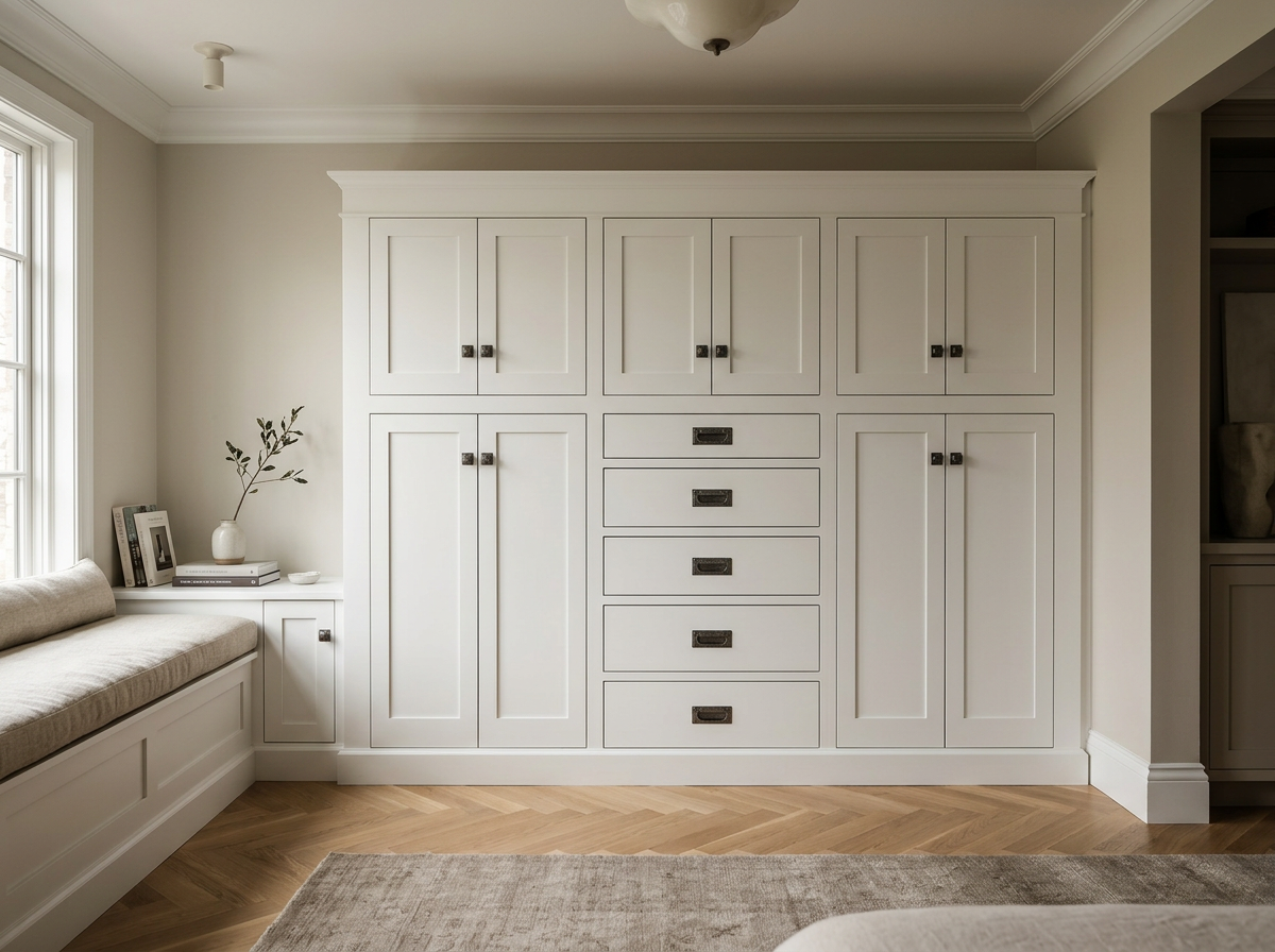 White built-in cabinet with drawers and cabinets in a cozy room, next to a window with natural light.