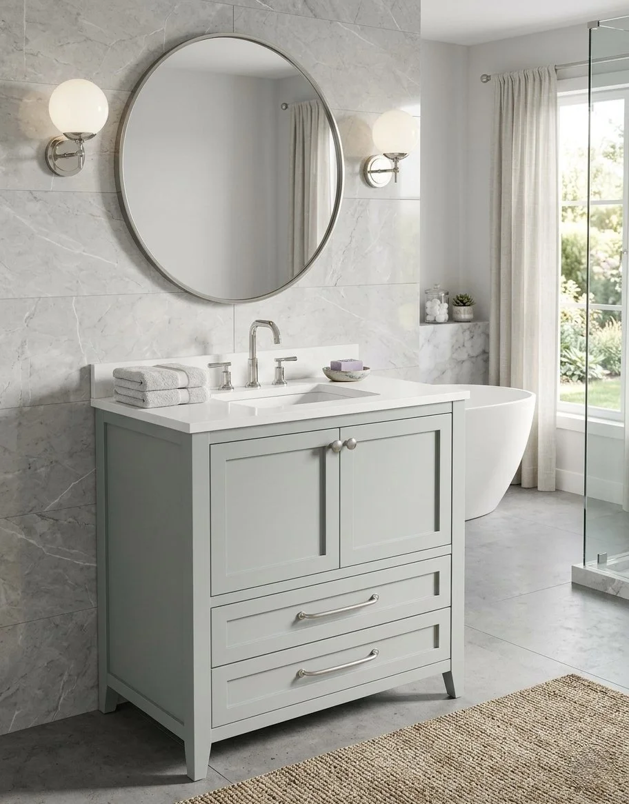 Modern bathroom with gray vanity, round mirror, wall lights, bathtub near window with curtains, shelves with decor, and glass shower door.