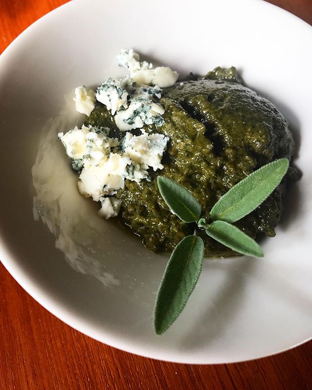 Sage and blue cheese &ldquo;pesto&rdquo;. Walnuts were the nut here. I&rsquo;ve also used pecans, they&rsquo;re great in this recipe. Swap out the mayo for this pesto in potato salad, add a little fresh parsley, celery and red onion. It&rsquo;s a gre