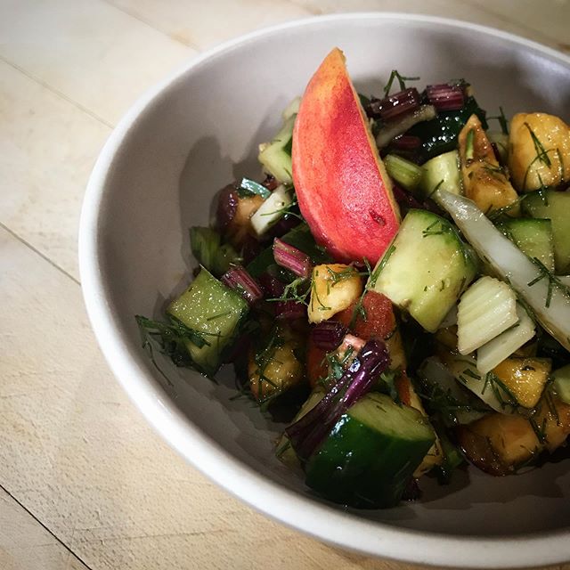 Peach salad~ cucumber, fennel tops, beet stems, balsamic, avocado oil. And maybe another ingredient or two.....
.
.
.
#summersalad #eatingfresh #peachesandgreens #beetstems  #saladfordinner