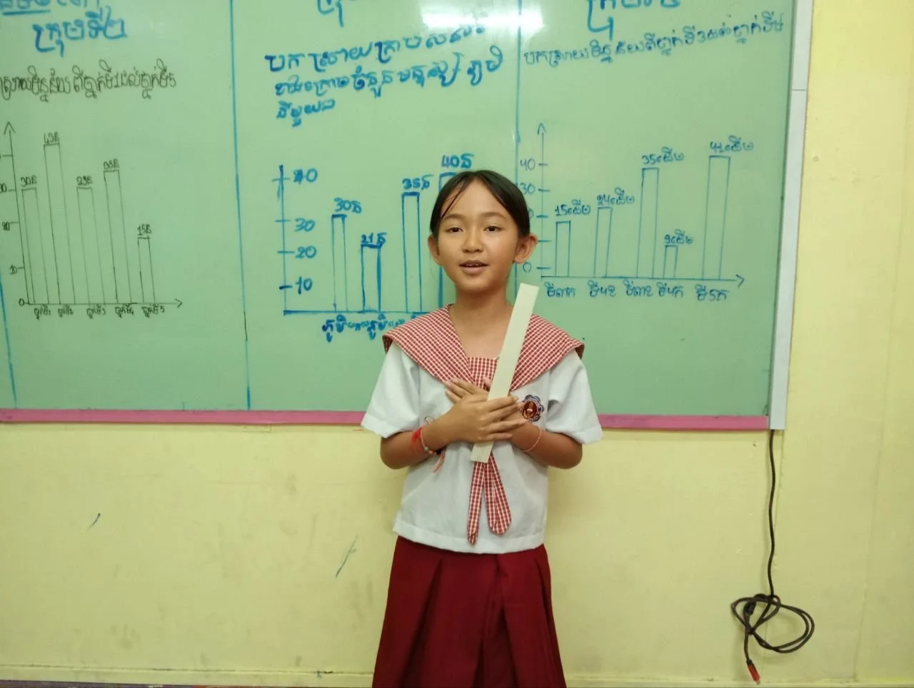 Young girl dressed in a school uniform standing in front of a whiteboard with bar graphs and writing, holding a long white stick or pointer.