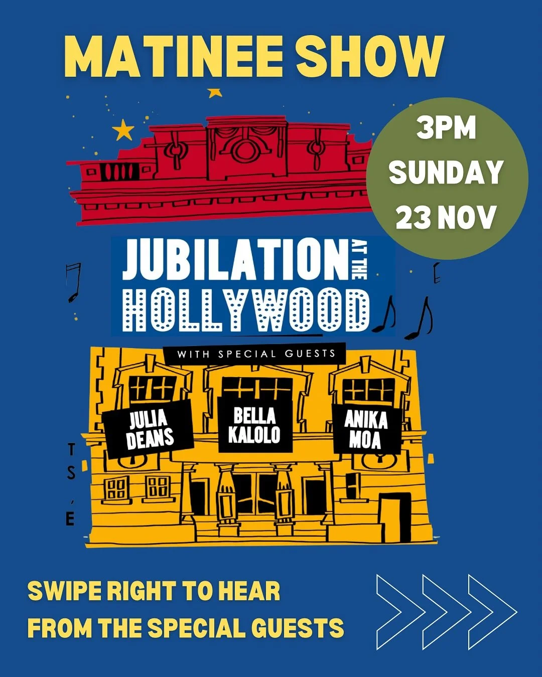 Make your Sunday sing.
Come join us at the Hollywood Avondale for a special 3pm matinee concert on Sunday 23 November, featuring powerhouse artists Julia Deans, Anika Moa and Bella Kalolo. A perfect afternoon for the whole whānau , under-5s free, und