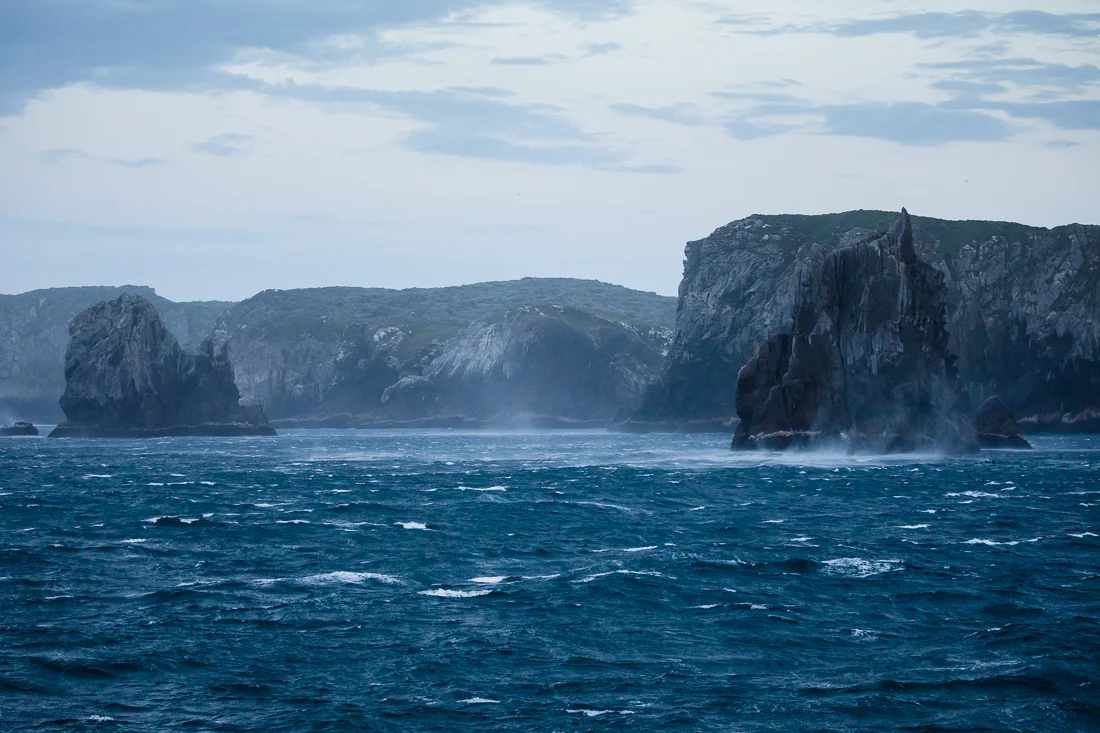Bleak and windy morning at the Snares. The seas weren't big but the wind was - 60 knot plus, with rain squalls and 80 knot wind gusts.