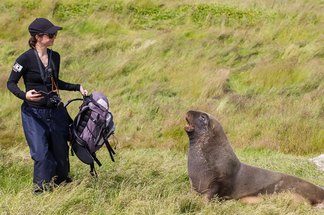 Anna, our trip coordinator, and her new best friend (Hooker's Sea Lion).