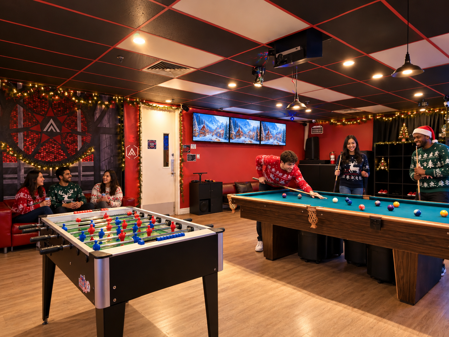 Coworkers playing billiards and foosball in the party lounge at Archers Arena in North York