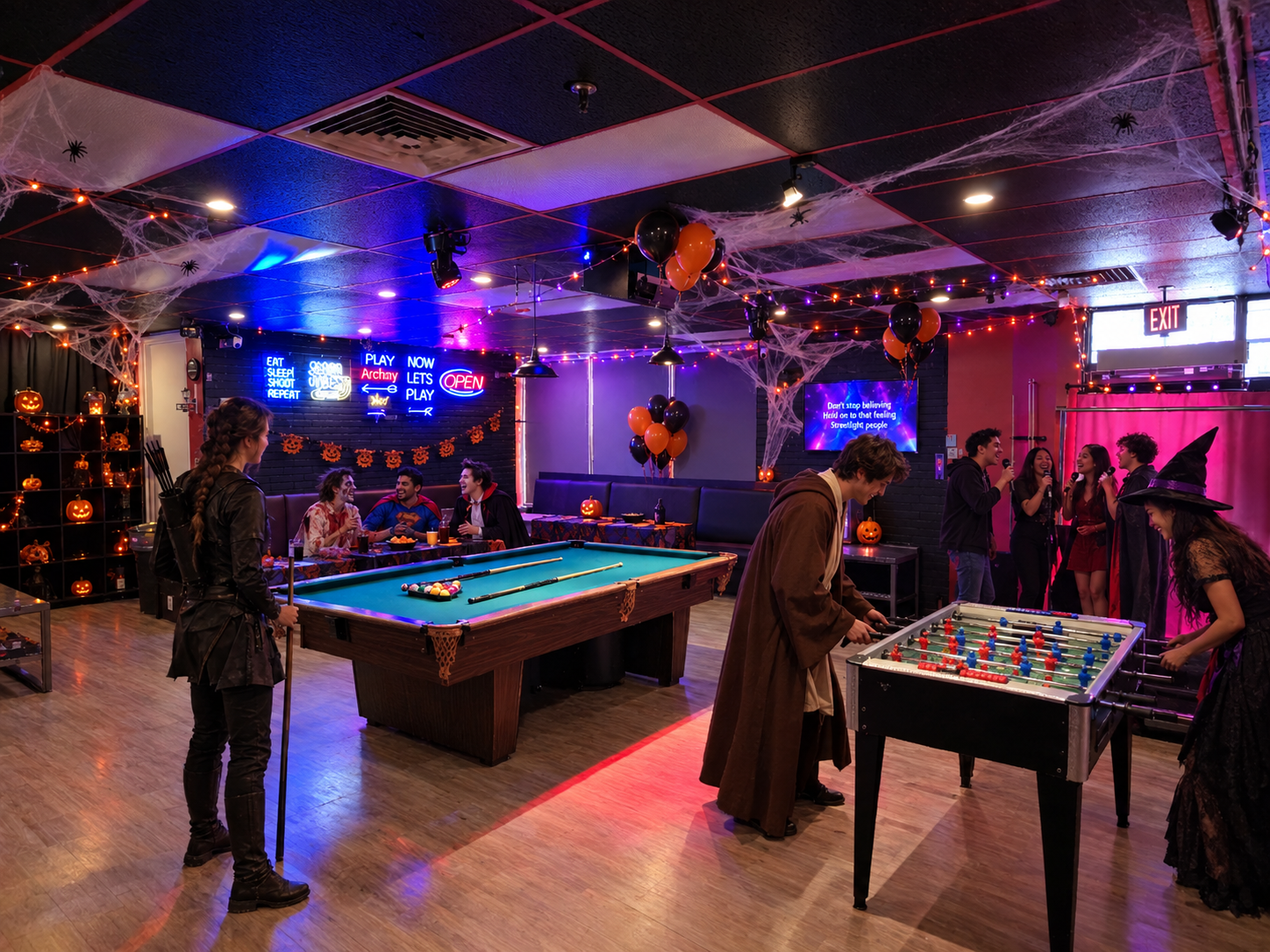 Halloween party lounge with pool table, foosball and booth seating at Archers Arena in North York